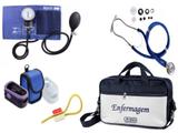 Kit Enfermagem: Aparelho de Pressão com Estetoscópio Rappaport Azul Premium + Oxímetro - G-Tech + Bolsa JRMED