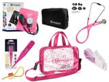 Kit Enfermagem Aparelho de Pressão com Estetoscópio Rappaport Incoterm + Termômetro Digital + Garrote Cores + Bolsa Transparente JRMED - Pink