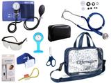 Kit Enfermagem Aparelho De Pressão com Estetoscópio Rappaport Premium Completo - Azul + Bolsa Transparente JRMED + Relógio Lapela