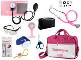 Kit Enfermagem Aparelho De Pressão com Estetoscópio Rappaport Premium Completo - Rosa + Bolsa JRMED + Relógio Lapela