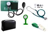 Kit Enfermagem Aparelho De Pressão com Estetoscópio Rappaport Premium Verde + Garrote Cores + Relógio Lapela