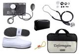 Kit Enfermagem: Aparelho de Pressão com Estetoscópio Rappaport Preto Premium + Sapato Branco + Garrote JRMED + Bolsa - Várias
