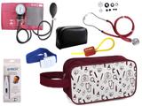 Kit Enfermagem Aparelho Pressão com Estetoscópio Premium Vinho + Termômetro + Necessaire