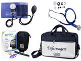 Kit Enfermagem Aparelho Pressão com Estetoscópio Rappaport Premium - Azul + Bolsa JRMED + Medidor de Glicose - G-Tech