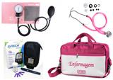 Kit Enfermagem Aparelho Pressão com Estetoscópio Rappaport Premium - Rosa + Bolsa JRMED + Medidor de Glicose - G-Tech