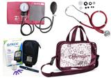 Kit Enfermagem Aparelho Pressão com Estetoscópio Rappaport Premium - Vinho + Bolsa Transparente JRMED + Medidor de Glicose - G-Tech