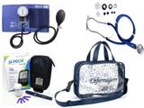 Kit Enfermagem Esfigmomanômetro com Estetoscópio Rappaport Premium - Azul + Bolsa Transparente JRMED + Medidor de Glicose - G-Tech