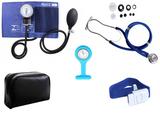 Kit Enfermagem Esfigmomanômetro com Estetoscópio Rappaport Premium Azul + Garrote Cores + Relógio Lapela