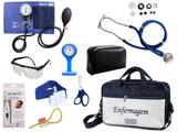 Kit Enfermagem Esfigmomanômetro com Estetoscópio Rappaport Premium Completo - Azul + Bolsa JRMED + Relógio Lapela