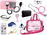 Kit Enfermagem Esfigmomanômetro com Estetoscópio Rappaport Premium Completo - Rosa + Bolsa Transparente JRMED + Relógio Lapela