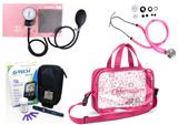 Kit Enfermagem Esfigmomanômetro com Estetoscópio Rappaport Premium - Rosa + Bolsa Transparente JRMED + Medidor de Glicose - G-Tech