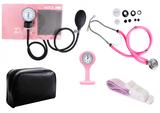 Kit Enfermagem Esfigmomanômetro com Estetoscópio Rappaport Premium Rosa + Garrote Cores + Relógio Lapela