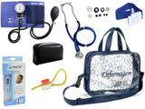 Kit Enfermagem Esfigmomanômetro com Estetoscópio Rappaport Premium + Termômetro Digital + Garrote Cores + Bolsa Transparente JRMED - Azul - Incoterm