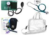 Kit Enfermagem Esfigmomanômetro com Estetoscópio Rappaport Premium - Verde + Bolsa Transparente JRMED + Medidor de Glicose - G-Tech