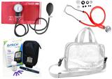 Kit Enfermagem Esfigmomanômetro com Estetoscópio Rappaport Premium - Vermelho + Bolsa Transparente JRMED + Medidor de Glicose - G-Tech
