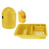 Kit Escorredor Louça Porta Detergente Lixeira Pia Amarelo 3 - Uz