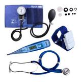 Kit Esfigmomanômetro + Estetoscópio Azul + Termômetro + Garrote - Premium