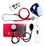 Kit Esfigmomanômetro + Estetoscopio + Garrote + Termômetro Vinho - Premium