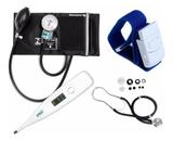 Kit Esfigmomanômetro + Estetoscópio Preto + Termômetro + Garrote - Premium