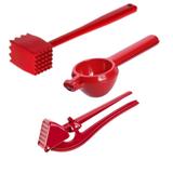 Kit Espremedores Aluminio Color Vermelho 3pc Alho,Limao e Martelinho - Metal flor