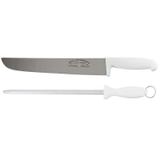 Kit Faca Açougueiro Para Carne 10 Polegadas E Chaira Estriada 10 Polegadas Cabo Branco Em Inox Corneta CORFC10