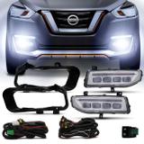 Kit Farol Milha Nissan Kicks 2016 2017 2018 2019 LED DRL e Seta + Moldura Preta - Prime