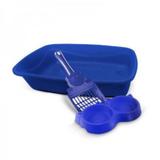 Kit gato 3x1 bandeja pá comedouro duplo caixa de areia azul - Pet injet