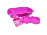 Kit gato 3x1 bandeja pá comedouro duplo caixa de areia rosa - Pet injet
