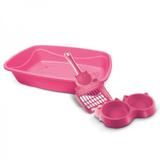 Kit Gato Luxo 3x1 Bandeja + Pá + Comedouro Duplo Pet Injet Rosa Caixa de Areia