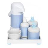 Kit Higiene Espelho Completo Porcelanas, Garrafa e Capa Ursinho Azul Quarto Bebê Menino - Potinho de mel