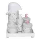 Kit Higiene Espelho Completo Porcelanas, Garrafa e Capa Ursinho Rosa Quarto Bebê Menina - Potinho de mel