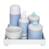 Kit Higiene Espelho Completo Porcelanas, Garrafa Pequena e Capa Coroa Azul Quarto Bebê Menino - Potinho de mel