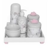 Kit Higiene Espelho Completo Porcelanas, Garrafa Pequena e Capa Nuvem Rosa Quarto Bebê Menina - Potinho de mel