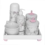 Kit Higiene Espelho Completo Porcelanas, Garrafa Pequena e Capa Provençal Rosa Quarto Bebê Menina - Potinho de mel