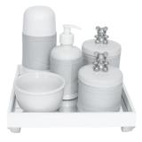 Kit Higiene Espelho Completo Porcelanas, Garrafa Pequena e Capa Ursinho Prata Quarto Bebê Unissex - Potinho de mel