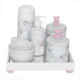 Kit Higiene Espelho Completo Porcelanas, Garrafa Pequena e Capa Ursinho Rosa Quarto Bebê Menina - Potinho de mel