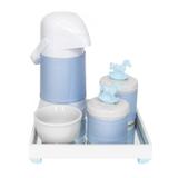 Kit Higiene Espelho Potes, Garrafa, Molhadeira e Capa Cavalinho Azul Quarto Bebê Menino - Potinho de mel