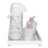 Kit Higiene Espelho Potes, Garrafa, Molhadeira e Capa Cavalinho Rosa Quarto Bebê Menina - Potinho de mel