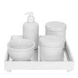 Kit Higiene Espelho Potes, Molhadeira e Porta Álcool-Gel Branco Quarto Bebê Unissex - Potinho de mel