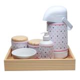 Kit Higiene Moderno Triângulos Rosa Quarto Bebê Infantil Menina - Potinho de mel