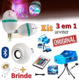 Kit Iluminação Festa 3x1 Projetor Laser Efeitos Strobo Luz + Lampada Musical Led Bluetooth Som + Bola Maluca Giratória - Leffa shop