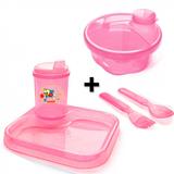 Kit Infantil com Porta Leite em Po + Prato, Copo + Garfo e Colher Rosa Injetemp