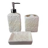 kit jogo banheiro 3 Peças porcelana quadrado branco detalhes com rosas - Wincy
