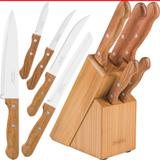 Kit Jogo Facas Cozinha Tramontina Suporte 6 Pç Cabo Madeira