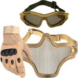Kit Luva Tática Dedo Completo + Máscara de Tela + Óculos Telado - Bege - Renascença