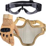 Kit Luva Tática Dedo Completo + Máscara Telada + Óculos X800 Paintball - Bege - Renascença