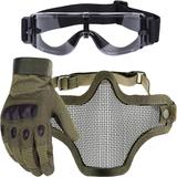 Kit Luva Tática Dedo Completo + Máscara Telada + Óculos X800 Paintball - Verde - Renascença