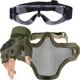 Kit Luva Tática Meio Dedo + Óculos X800 + Máscara Telada - Verde - Renascença