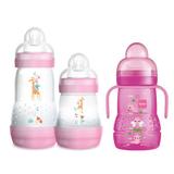 Kit Mamadeiras First Bottle Anti-Cólica e Auto-Esterilizável Girafa Menina e Copo - MAM