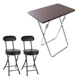 Kit Mesa Dobrável Madeira Escura + 2 Banquetas Dobráveis com Encosto Preta - Cazza